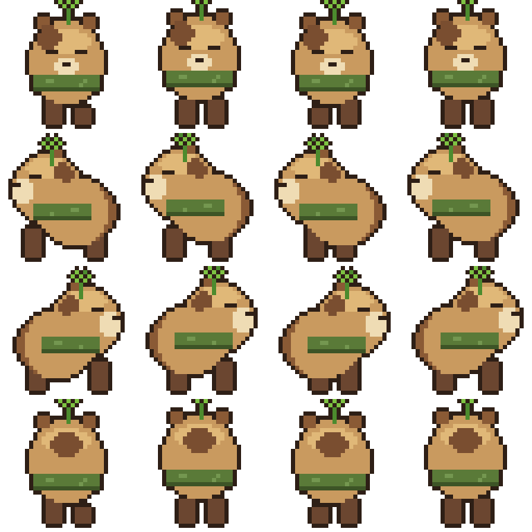 Developer-produced pixel sprite sheet with four columns and four rows showing a brown capybara character walking in four directions